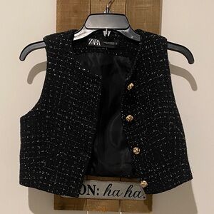 Zara Black Tweed Vest with Gold Accents